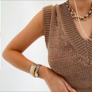 ZARA Knit Sweater Vest V-neck Hi Lo Hem Linen Blend Beige